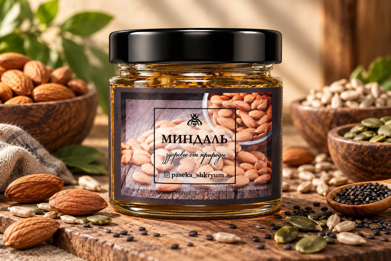 Миндаль в меду — Цветочный мед + семена тыквы и подсолнечника — 200 г