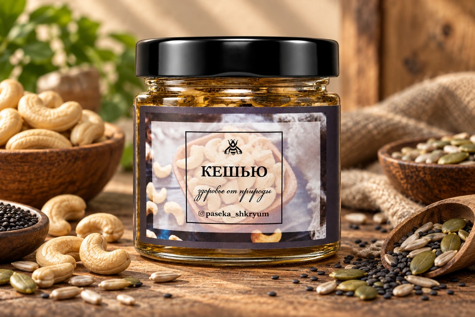 Кешью в меду — Цветочный мед + семена тыквы и подсолнечника — 200 г